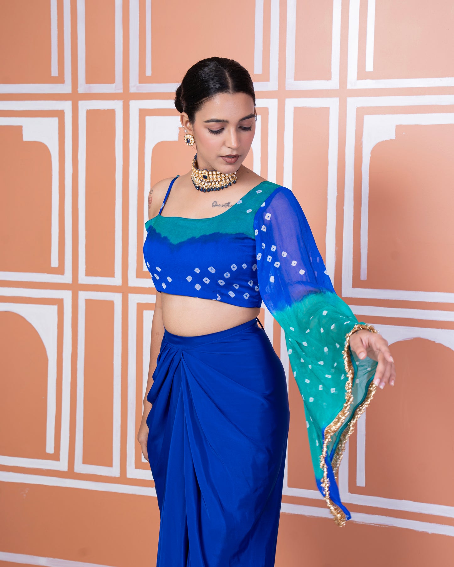 Anaita drape skirt with bandhani top