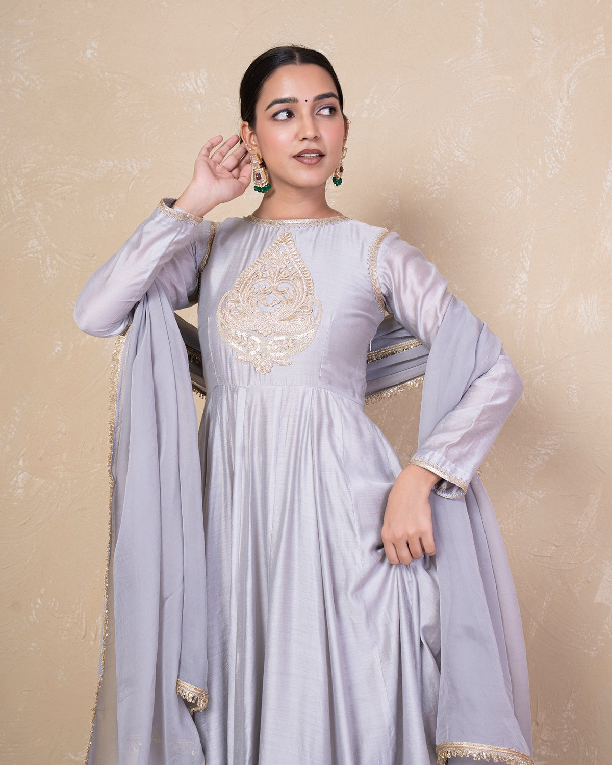 Vibhuti Grey Chanderi Anarkali Set