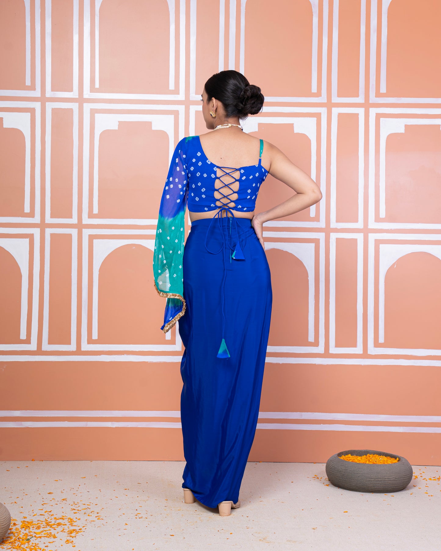 Anaita drape skirt with bandhani top