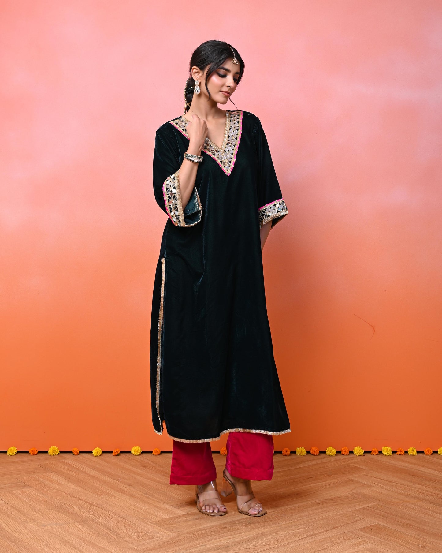 Israt Aaina Green Velvet Kurta Set