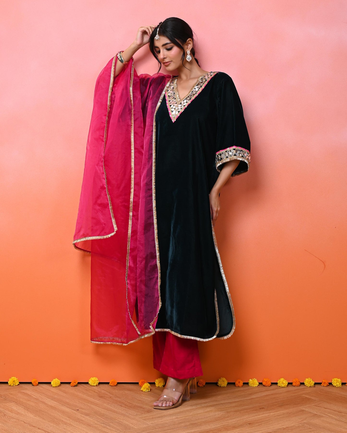 Israt Aaina Green Velvet Kurta Set