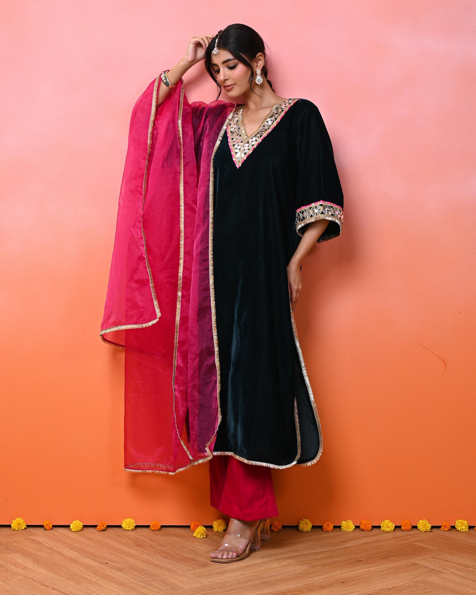 Israt Aaina Green Velvet Kurta Set