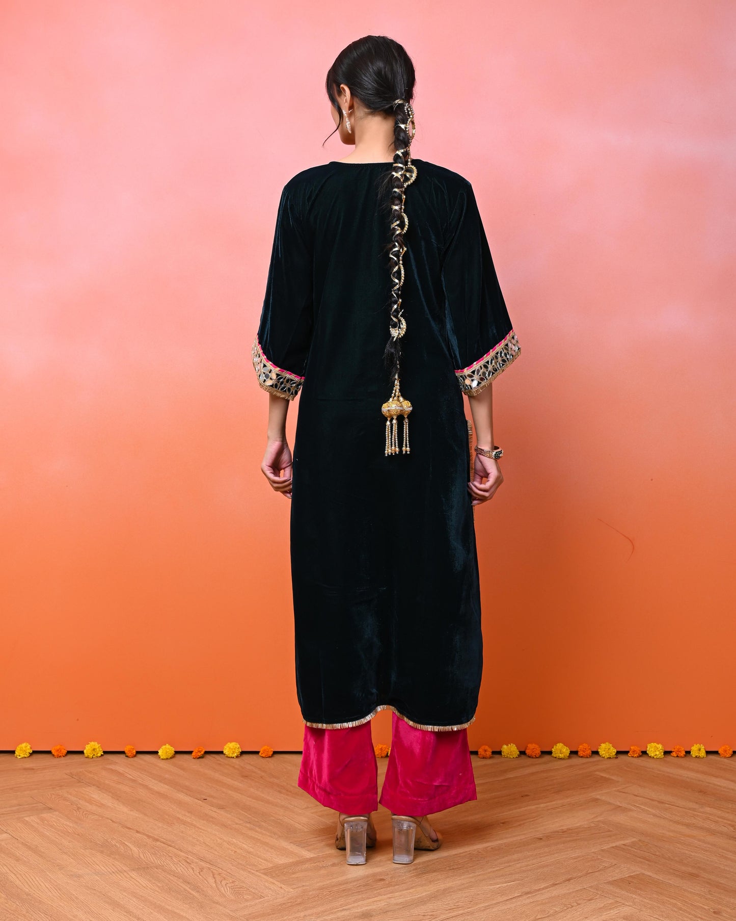 Israt Aaina Green Velvet Kurta Set