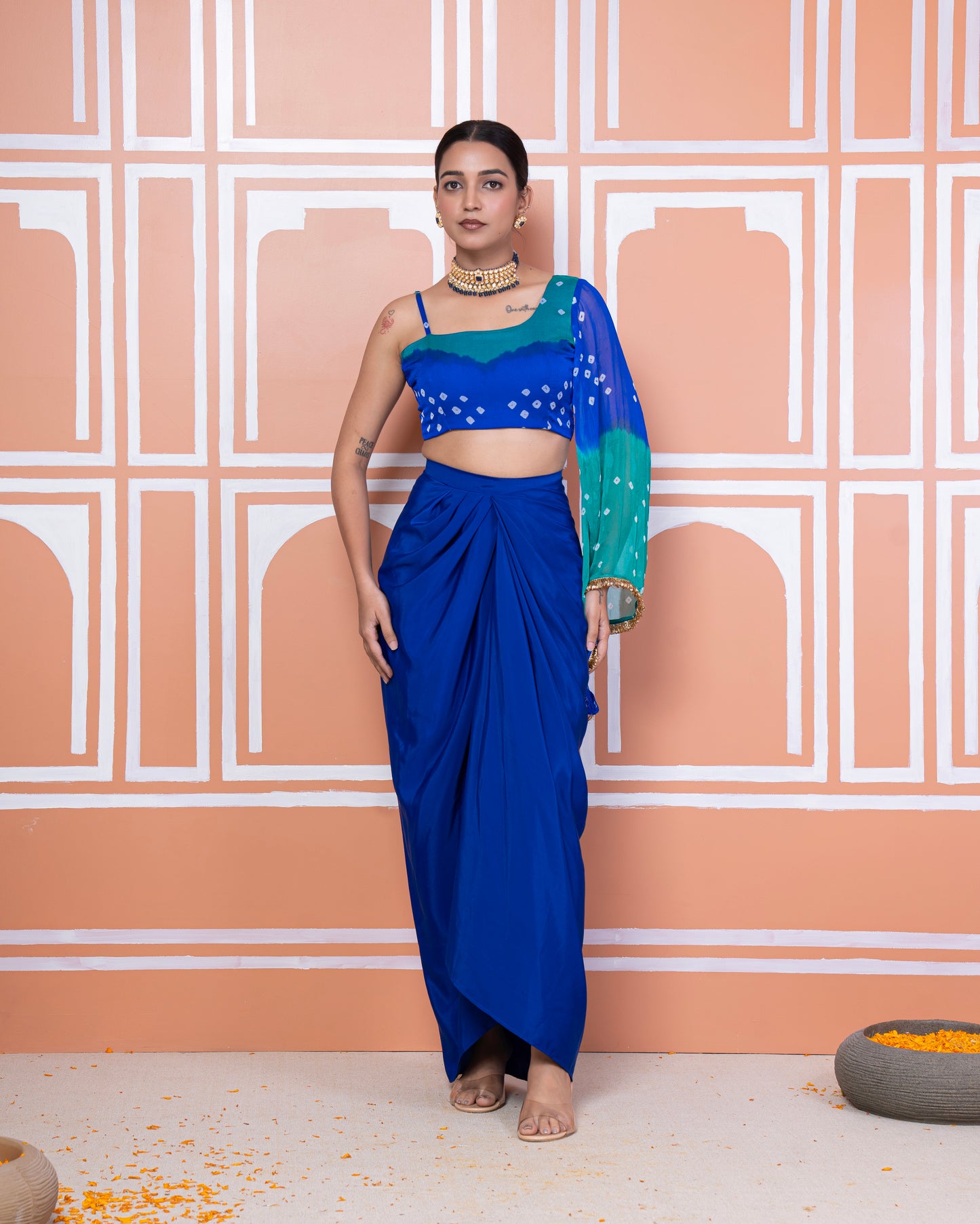 Anaita drape skirt with bandhani top
