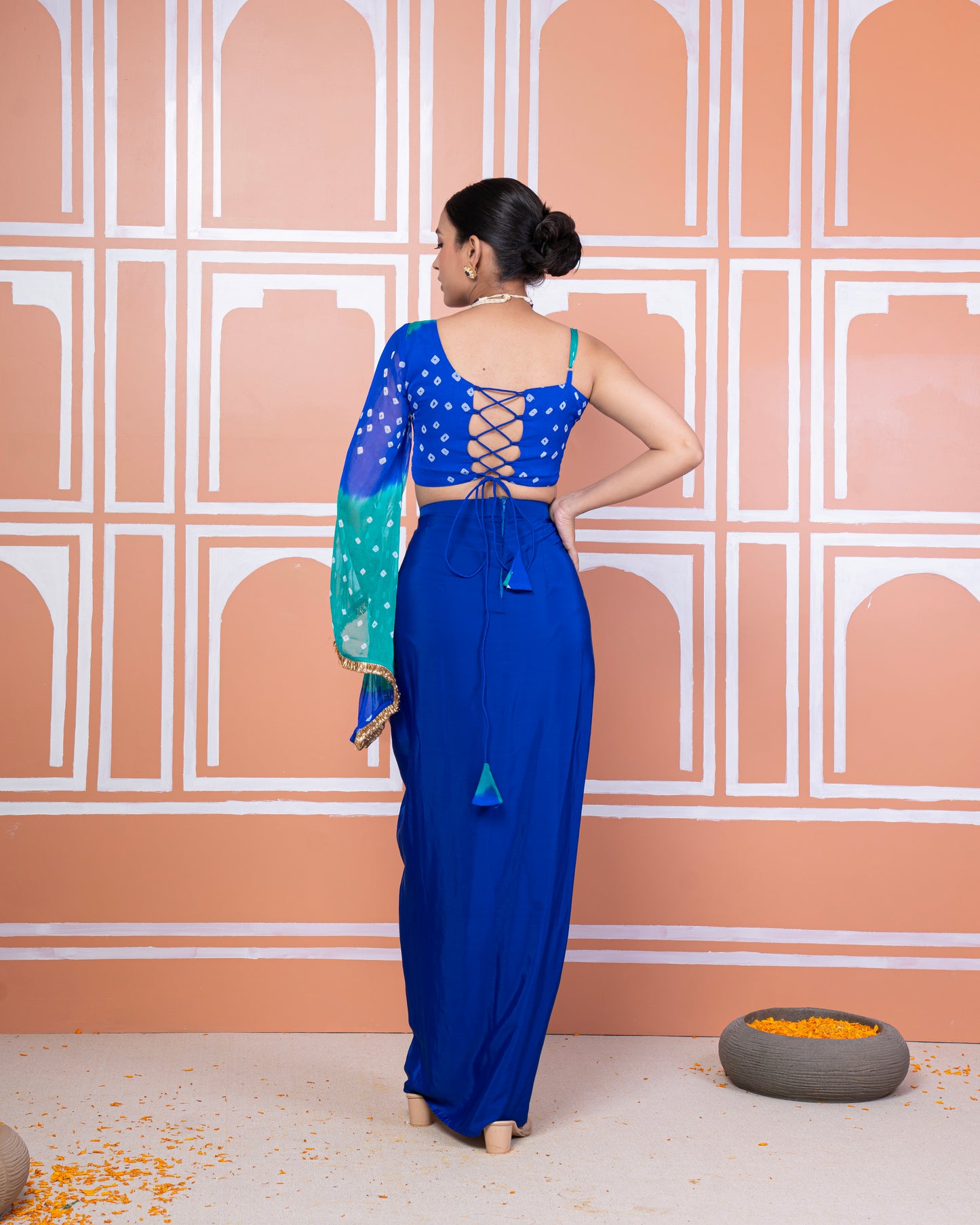 Anaita drape skirt with bandhani top