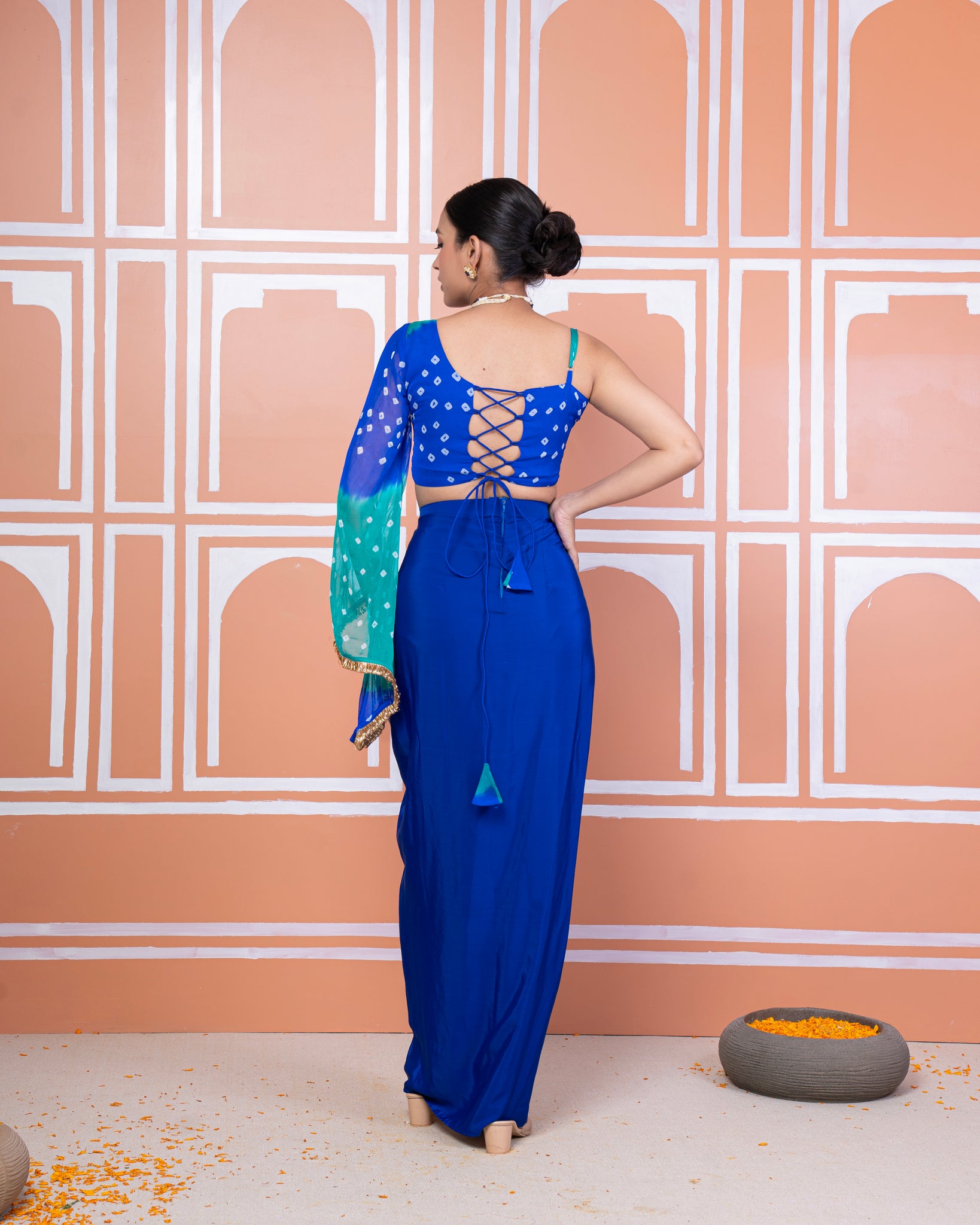 Anaita drape skirt with bandhani top