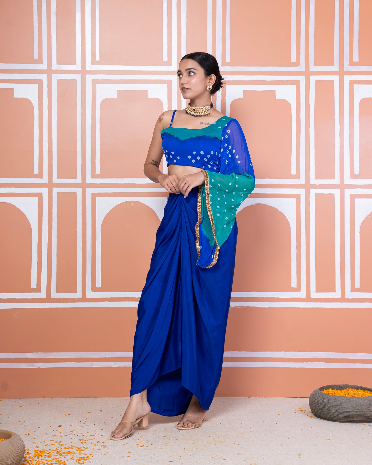 Anaita drape skirt with bandhani top