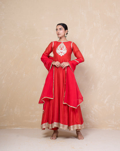 Vibhuti Red Chanderi Anarkali Set