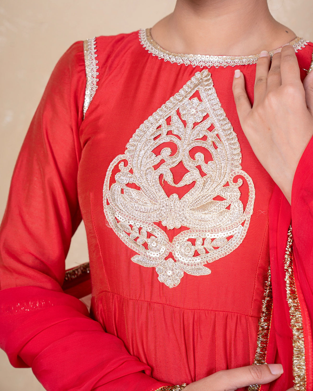 Vibhuti Red Chanderi Anarkali Set