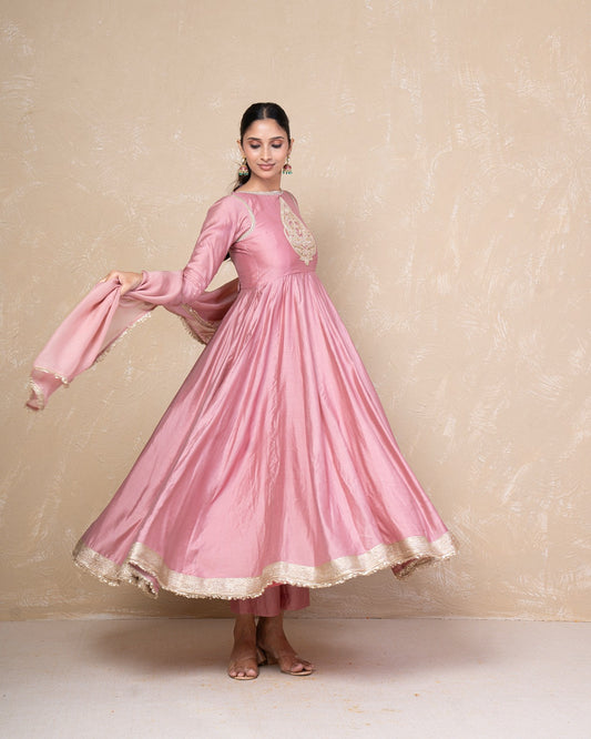Vibhuti Dusty Pink Chanderi Anarkali Set