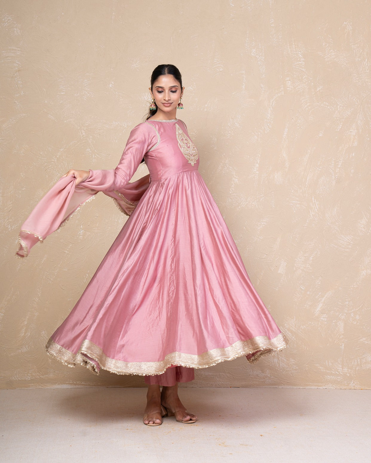Vibhuti Dusty Pink Chanderi Anarkali Set