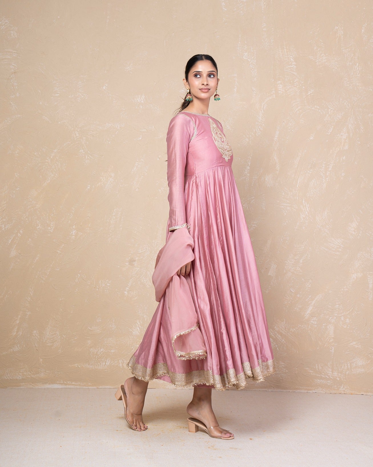 Vibhuti Dusty Pink Chanderi Anarkali Set