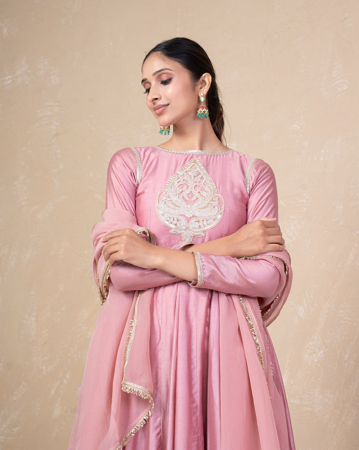 Vibhuti Dusty Pink Chanderi Anarkali Set