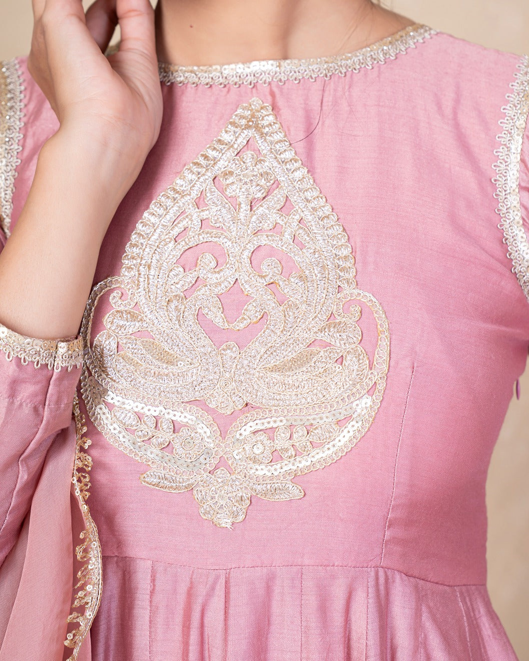 Vibhuti Dusty Pink Chanderi Anarkali Set