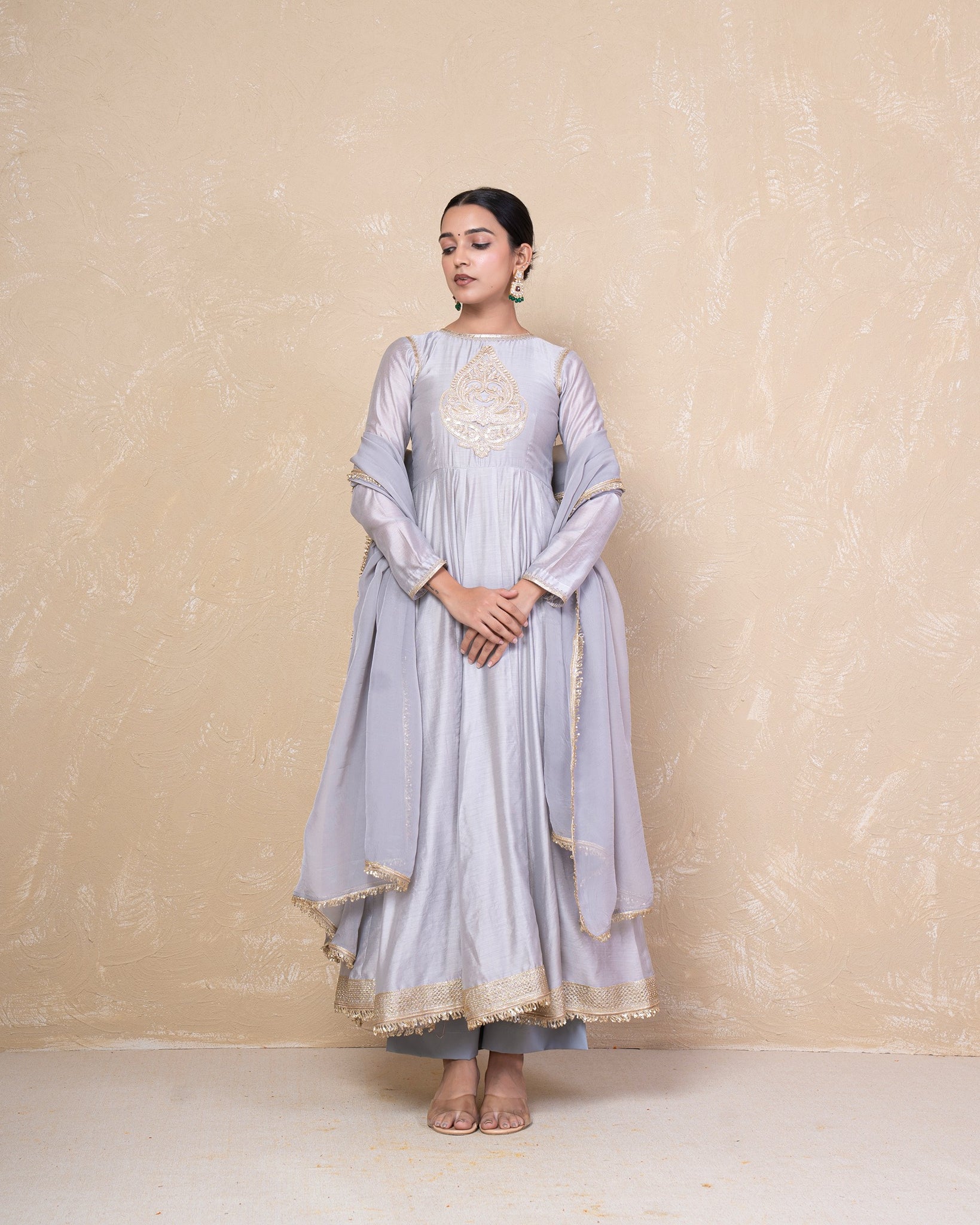 Vibhuti Grey Chanderi Anarkali Set