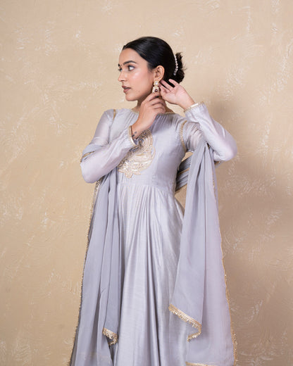 Vibhuti Grey Chanderi Anarkali Set