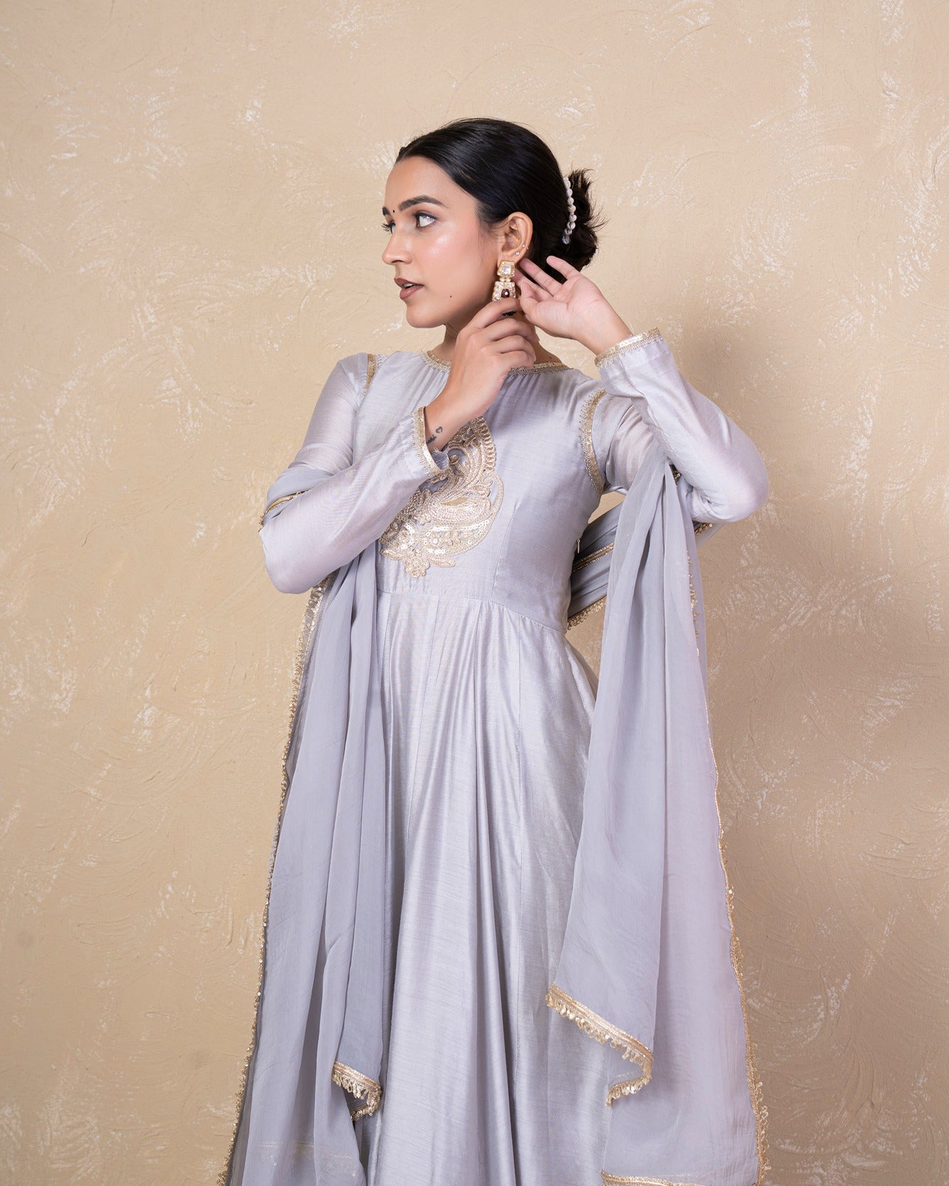 Vibhuti Grey Chanderi Anarkali Set