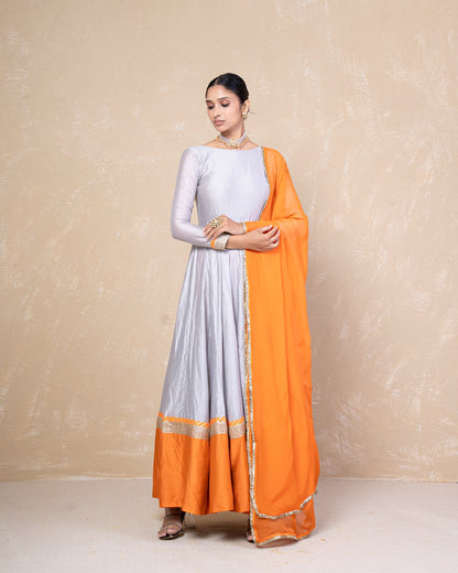 Vasundhara Grey-Orange Chanderi Anarkali Set
