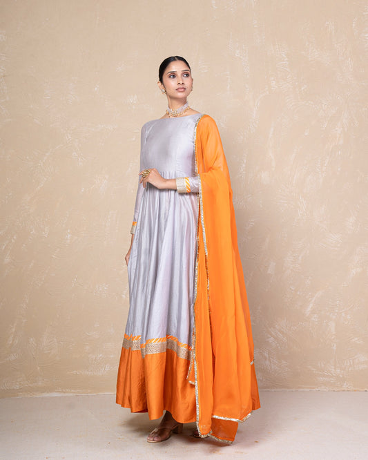 Vasundhara Grey-Orange Chanderi Anarkali Set