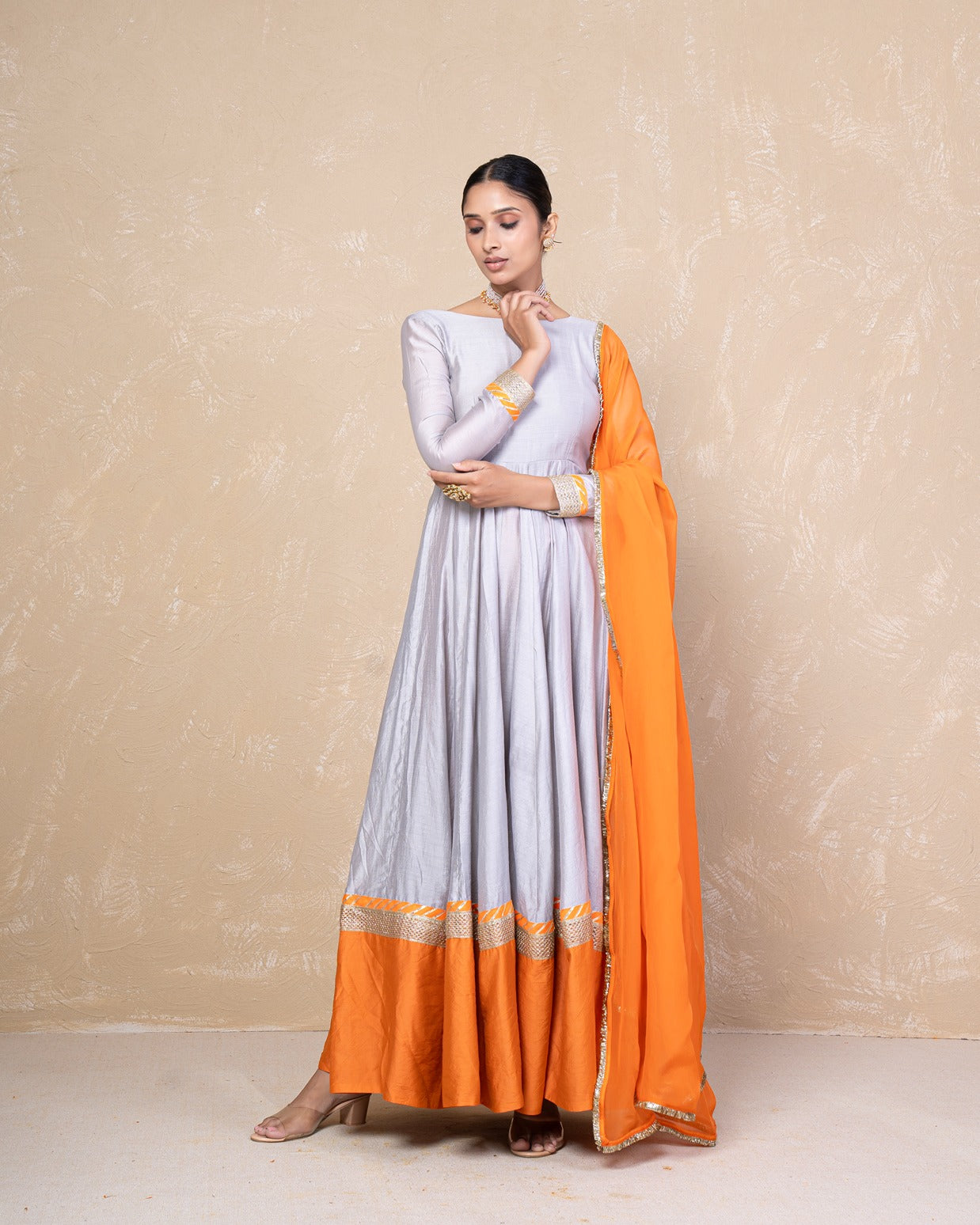 Vasundhara Grey-Orange Chanderi Anarkali Set