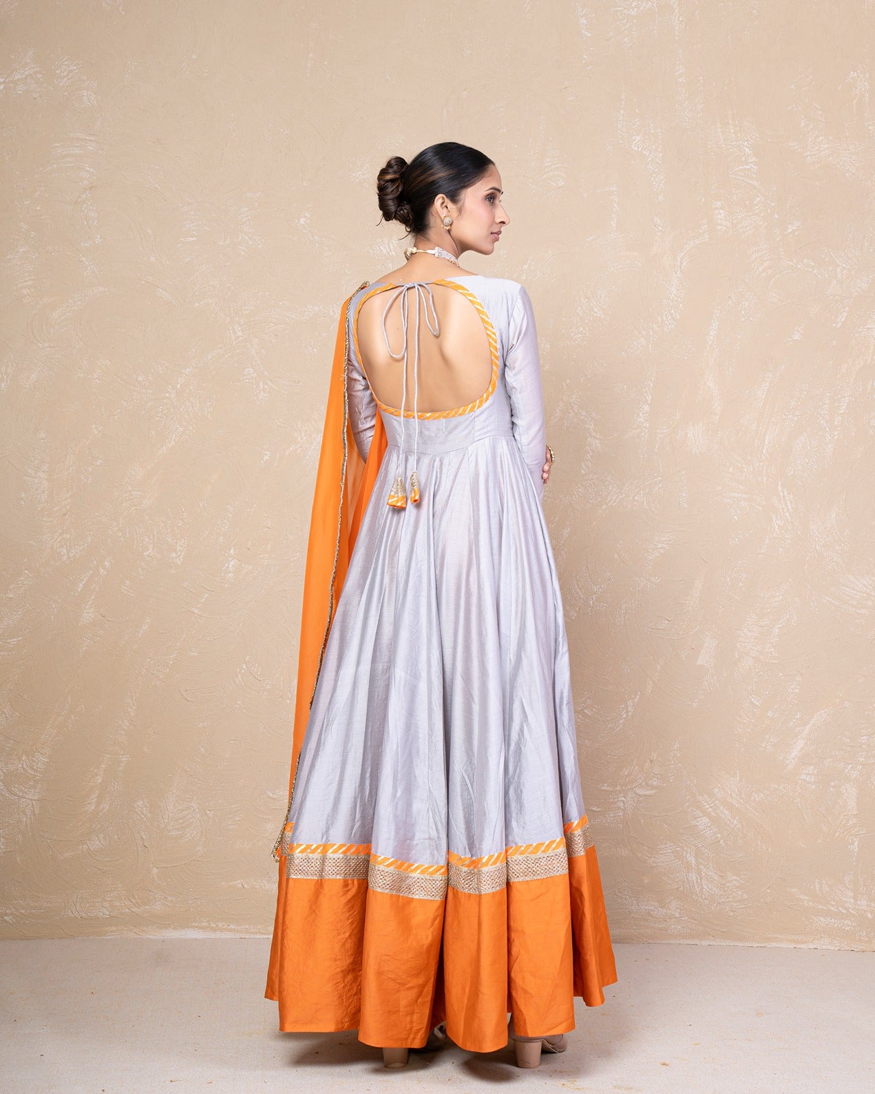 Vasundhara Grey-Orange Chanderi Anarkali Set