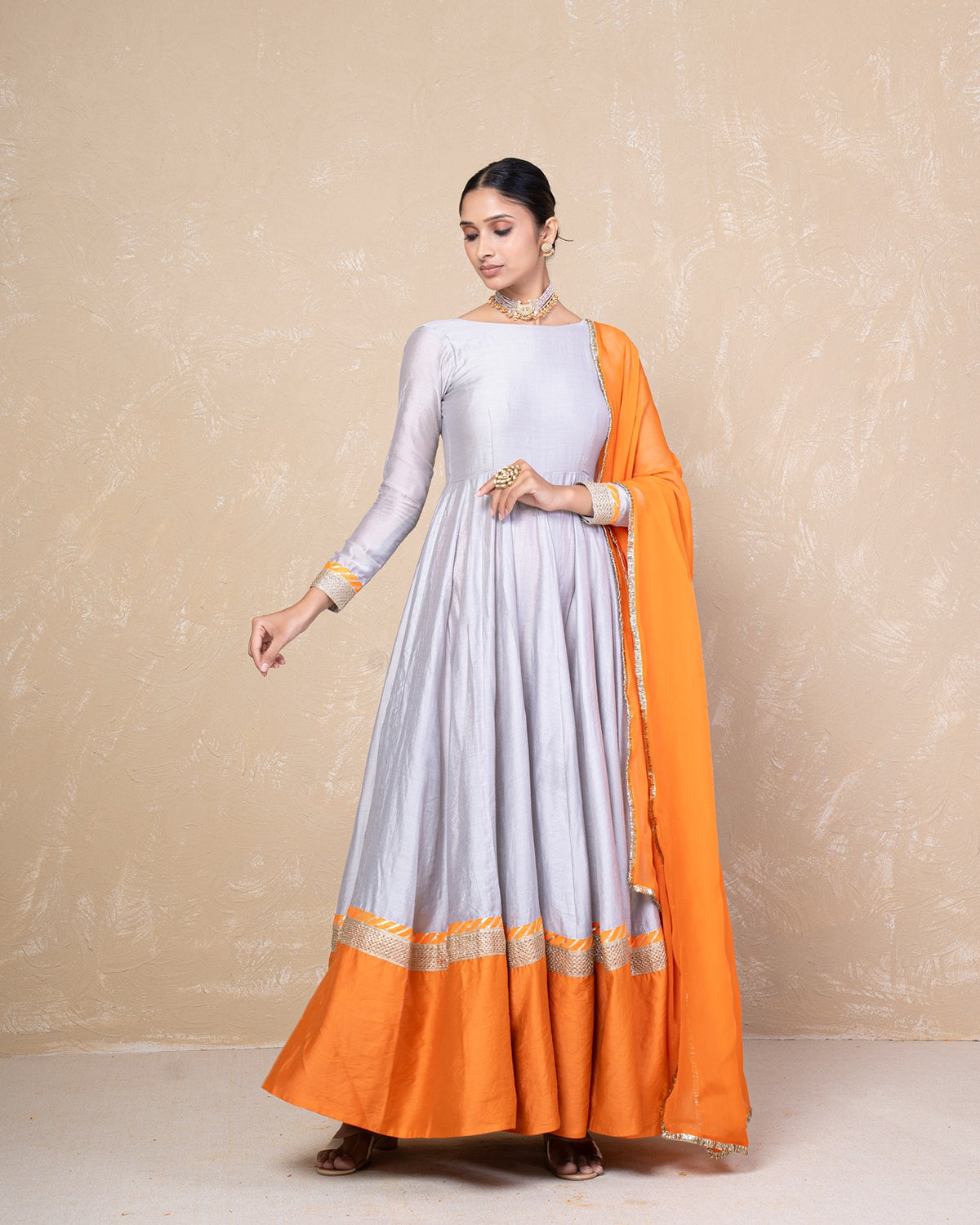 Vasundhara Grey-Orange Chanderi Anarkali Set