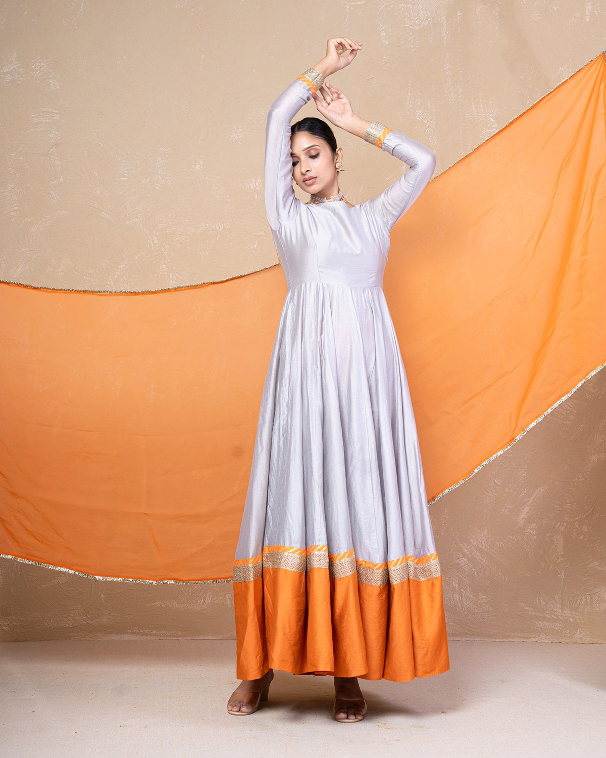 Vasundhara Grey-Orange Chanderi Anarkali Set