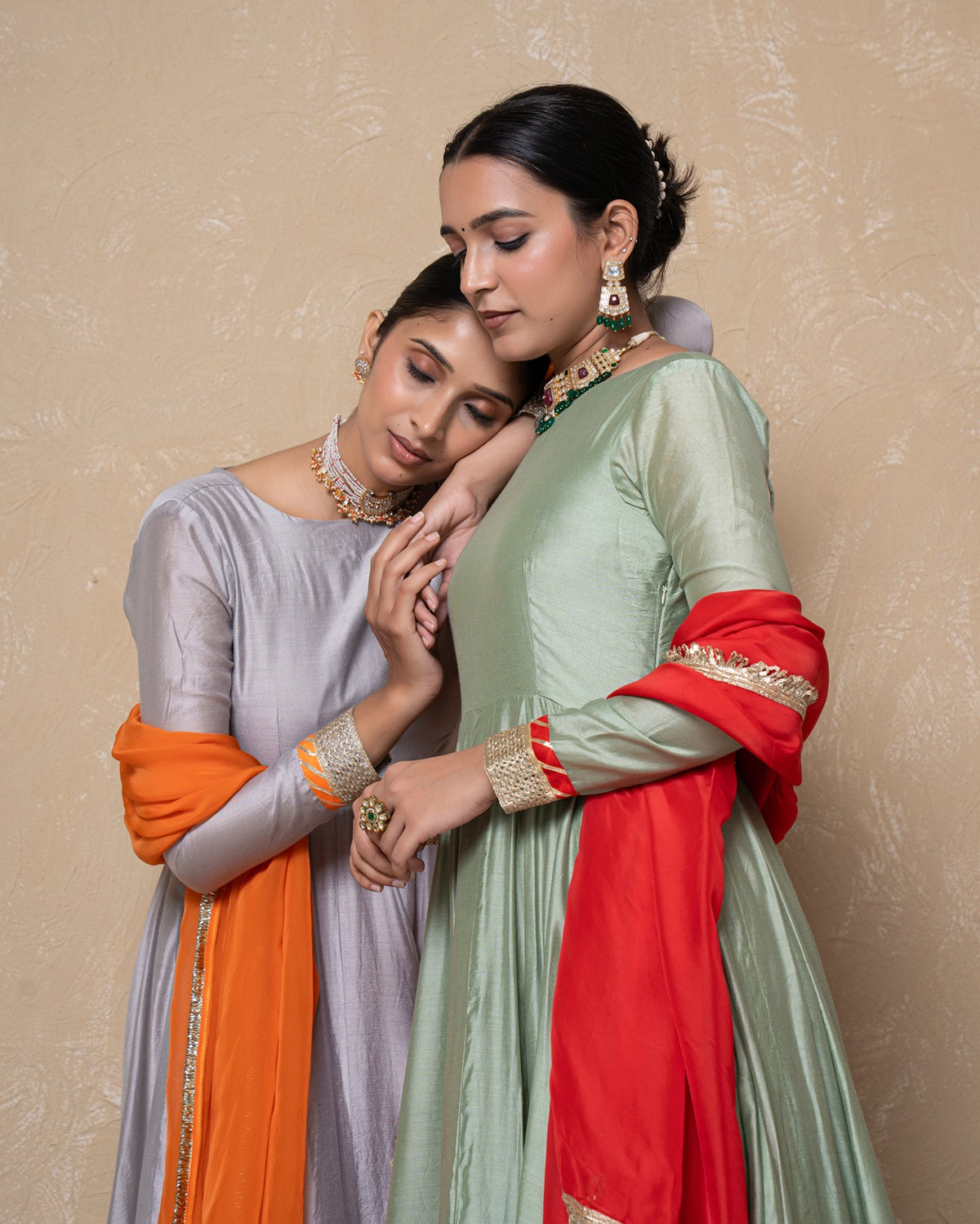 Vasundhara Green-Red Chanderi Anarkali Set