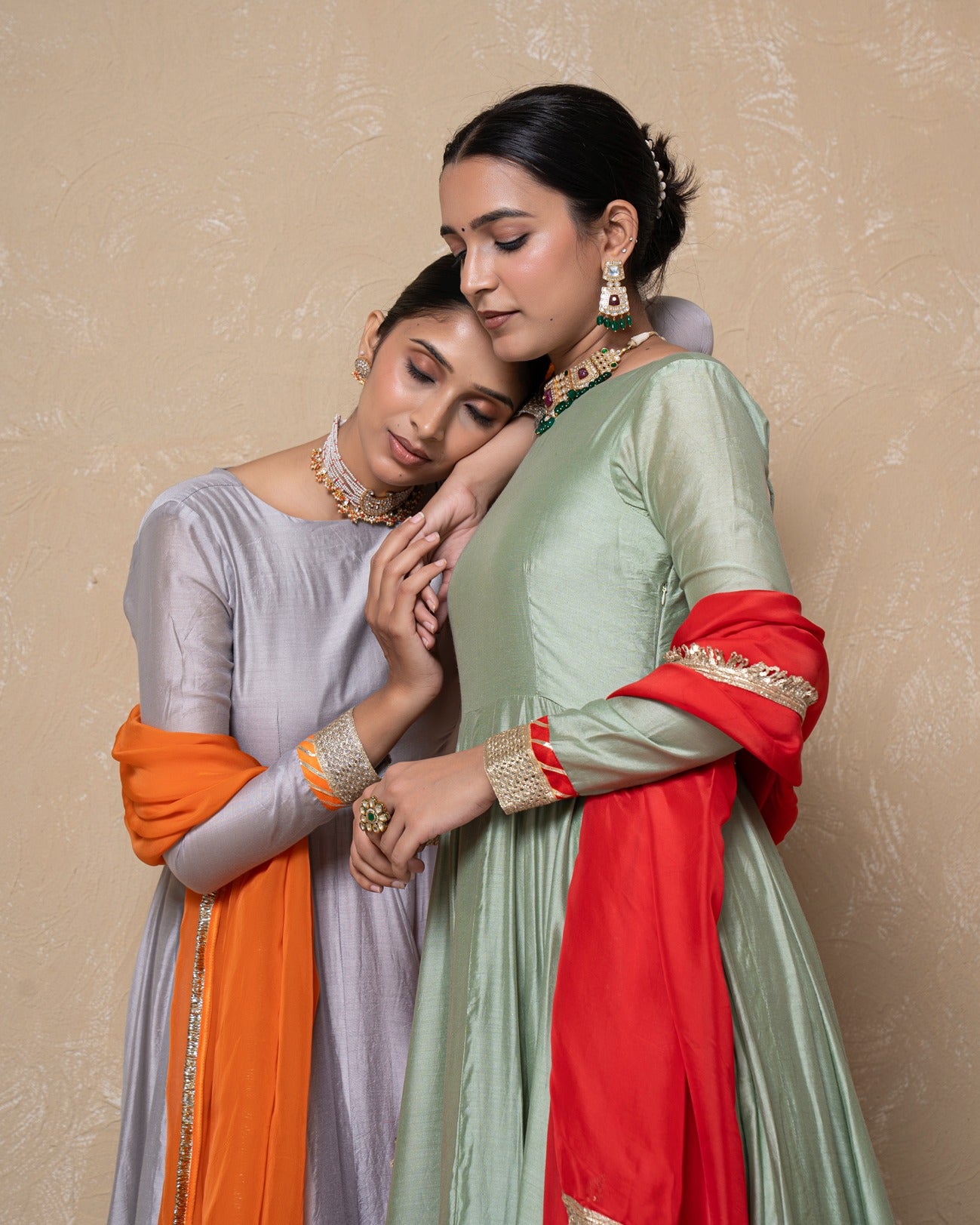 Vasundhara Green-Red Chanderi Anarkali Set