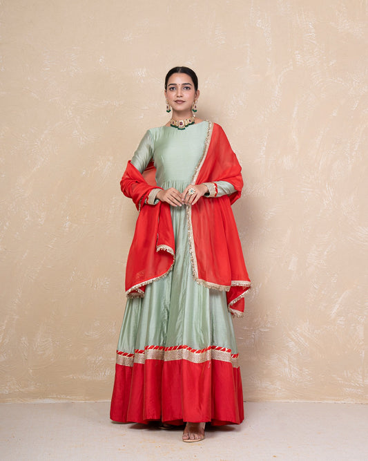 Vasundhara Green-Red Chanderi Anarkali Set