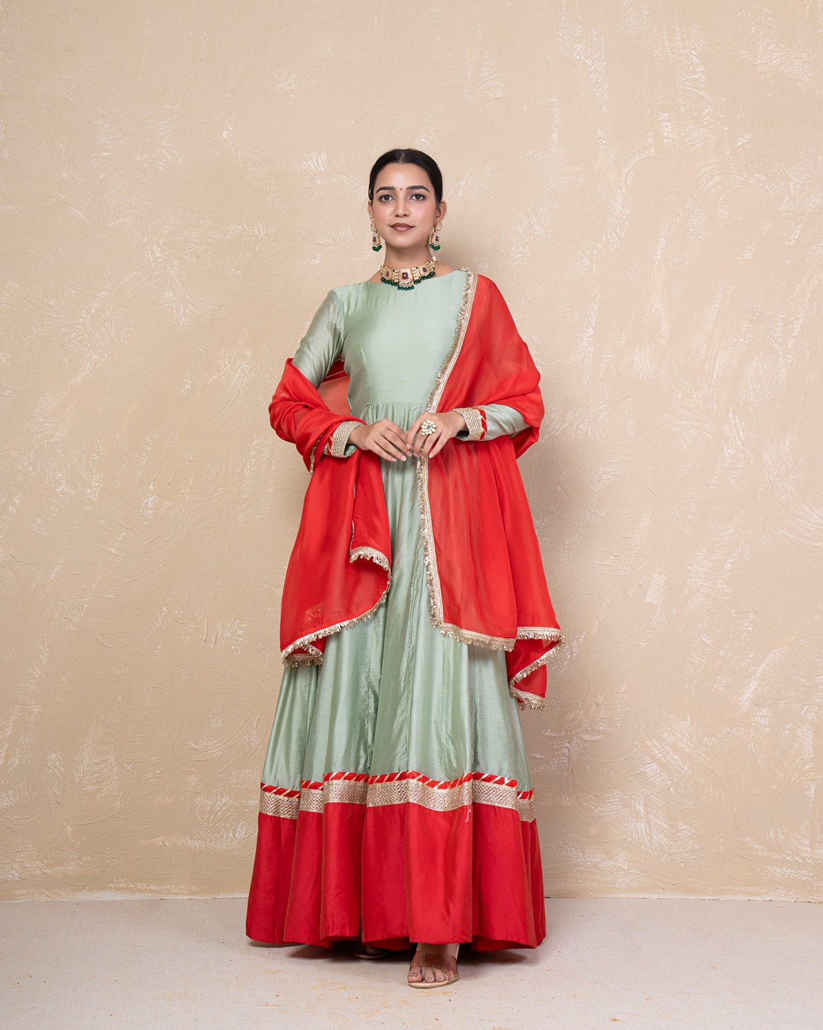 Vasundhara Green-Red Chanderi Anarkali Set