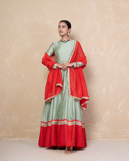 Vasundhara Green-Red Chanderi Anarkali Set