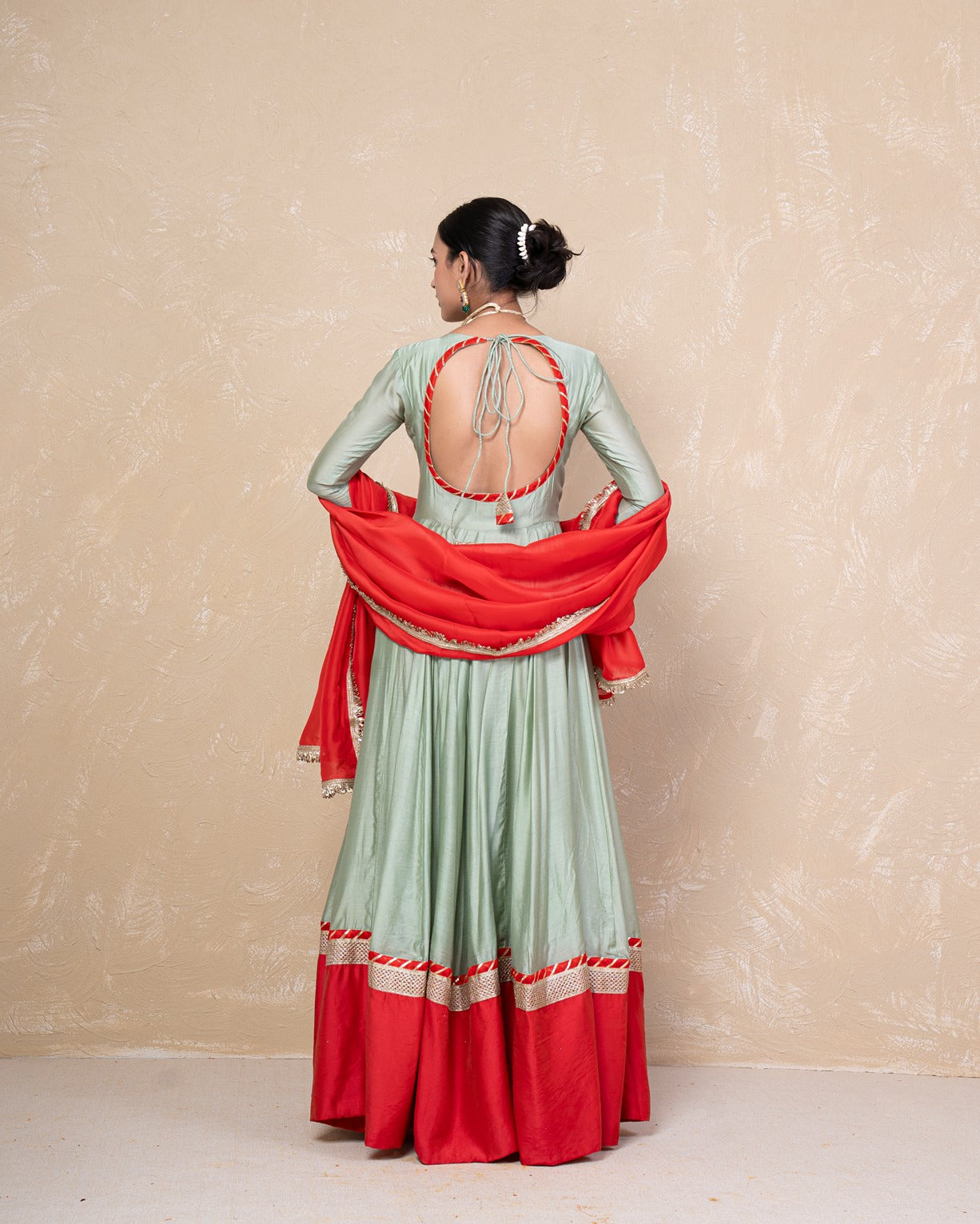 Vasundhara Green-Red Chanderi Anarkali Set