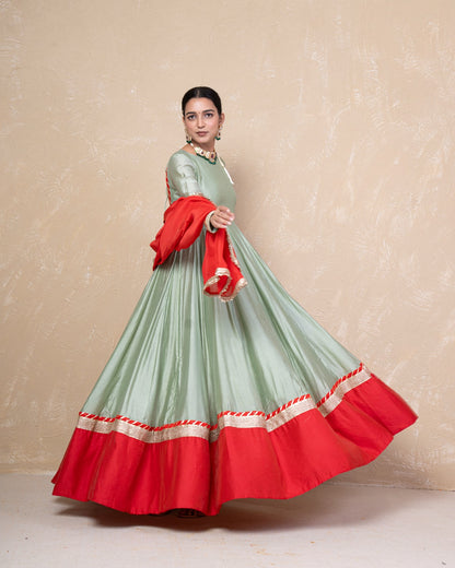 Vasundhara Green-Red Chanderi Anarkali Set