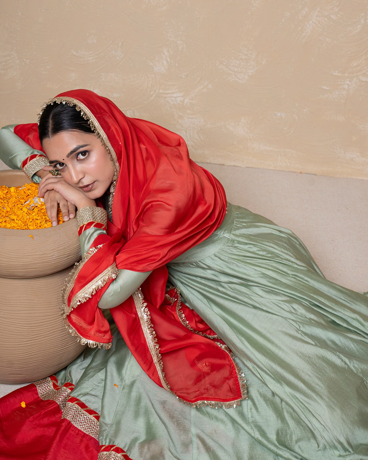 Vasundhara Green-Red Chanderi Anarkali Set