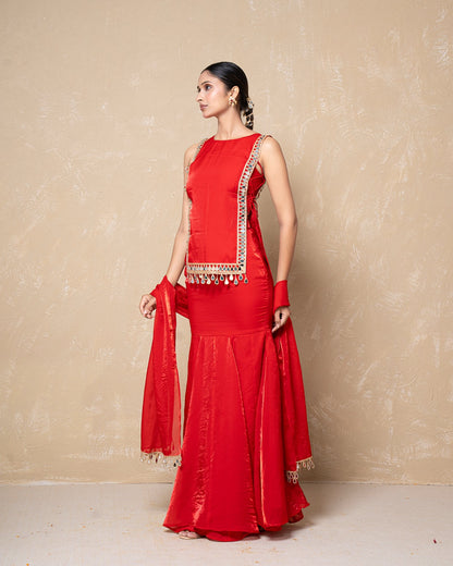 Ziya Red Silk Skirt Set