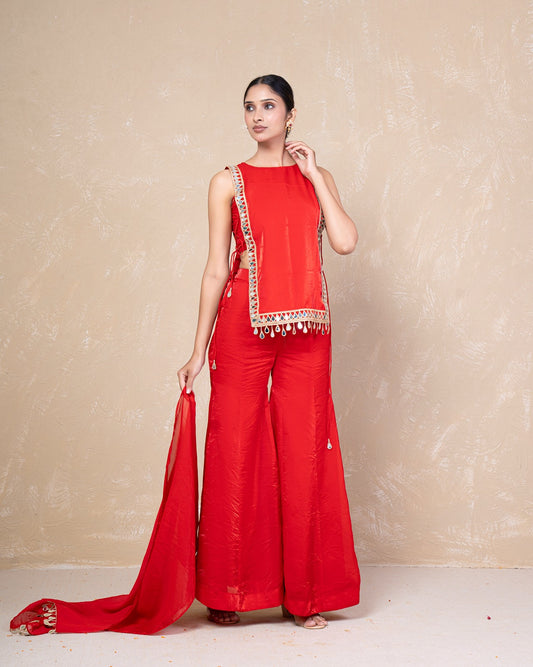 Mahika Red Mirror Silk Sharara Set
