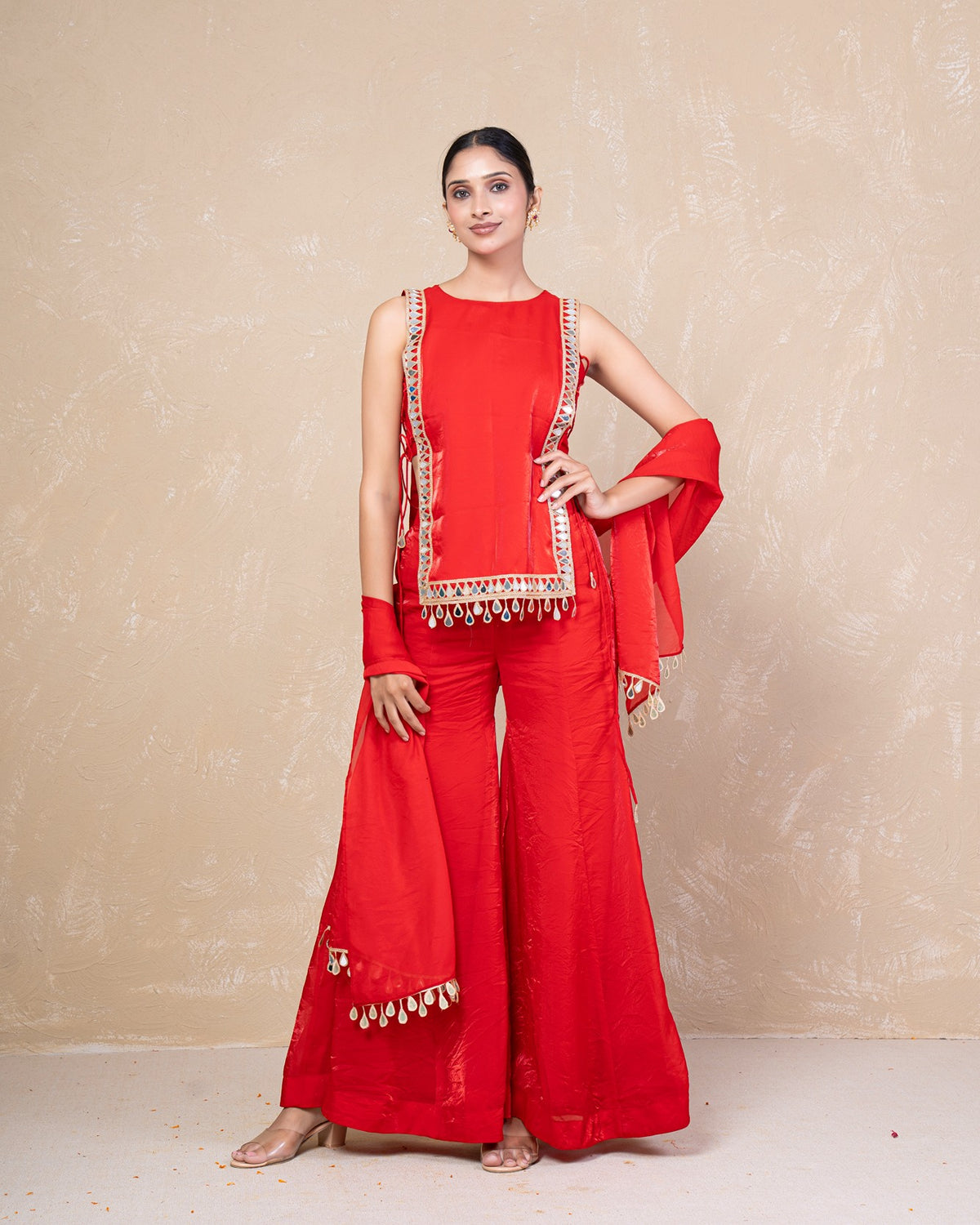 Mahika Red Mirror Silk Sharara Set