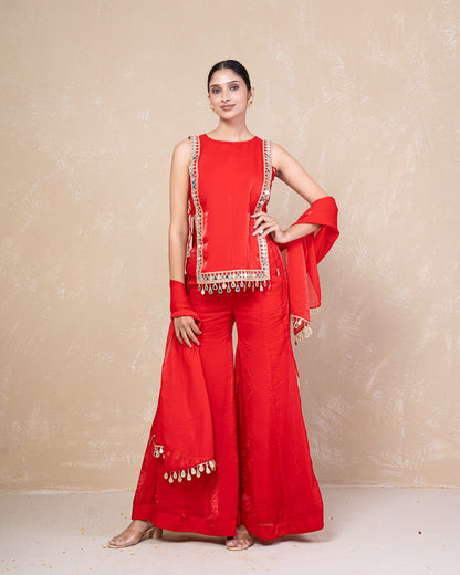 Mahika Red Mirror Silk Sharara Set