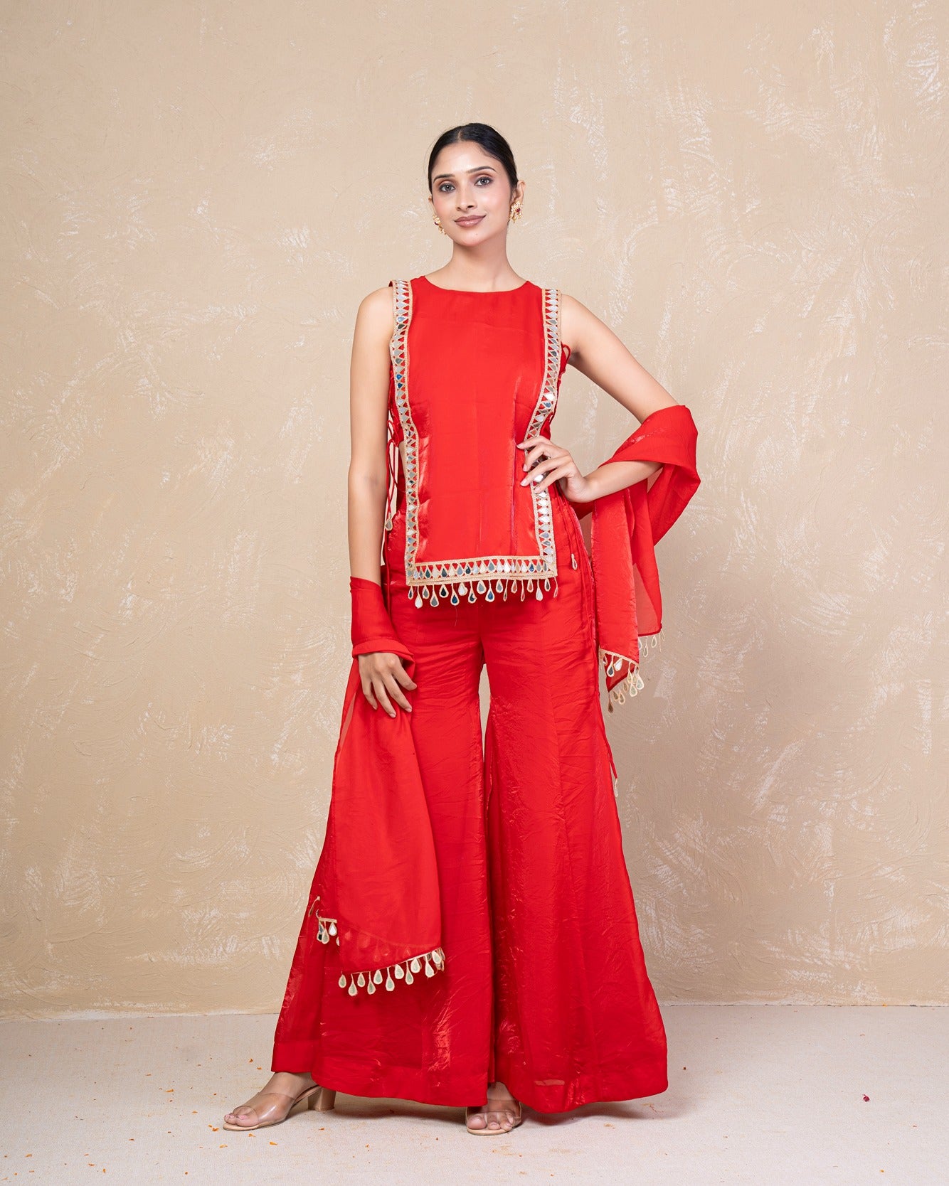 Mahika Red Mirror Silk Sharara Set