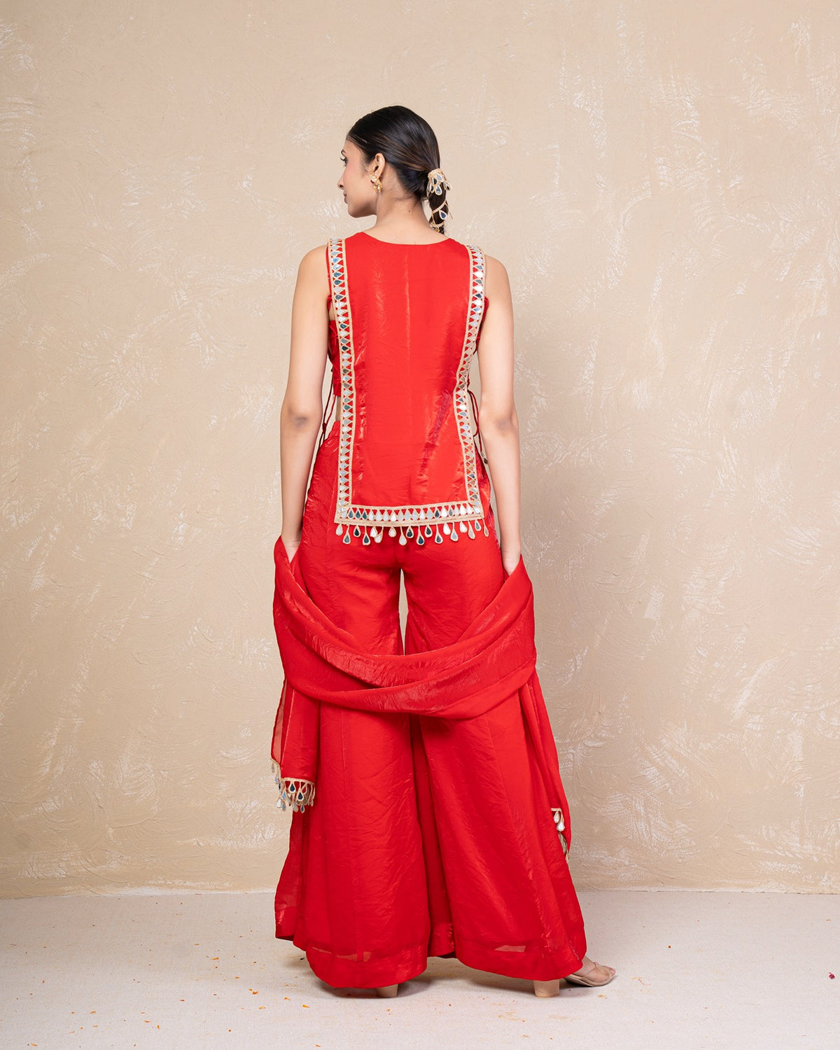 Mahika Red Mirror Silk Sharara Set