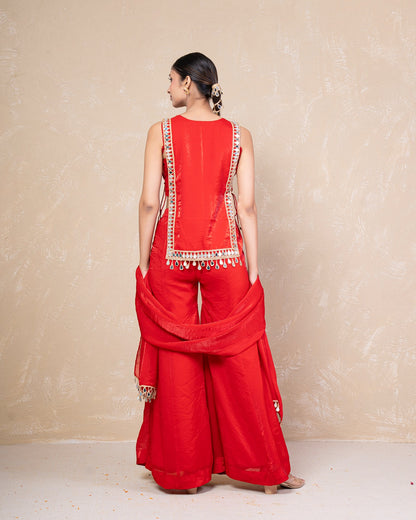 Mahika Red Mirror Silk Sharara Set