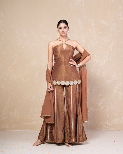 Afreen Brown Cosmo Tissue Sharara Set