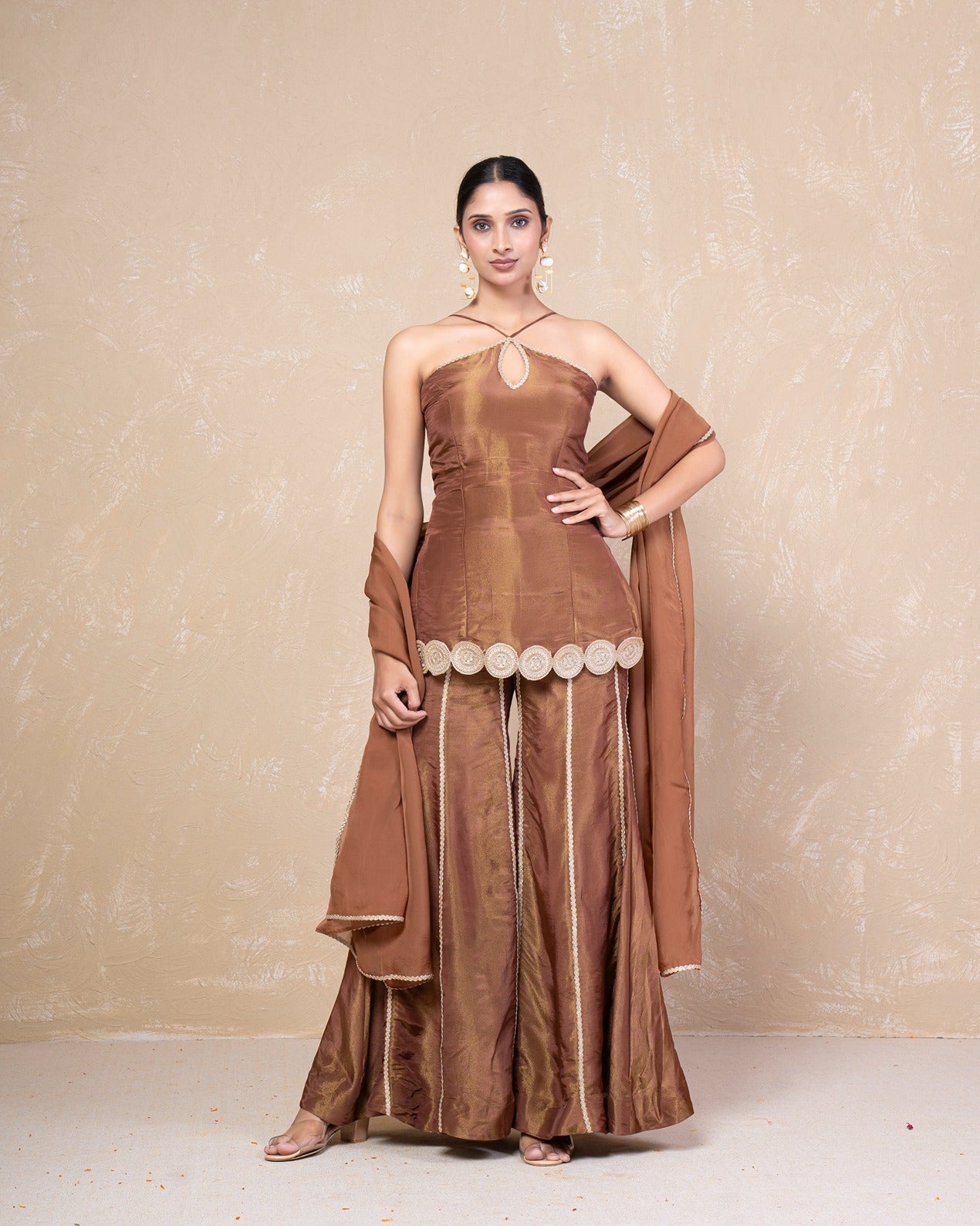 Afreen Brown Cosmo Tissue Sharara Set