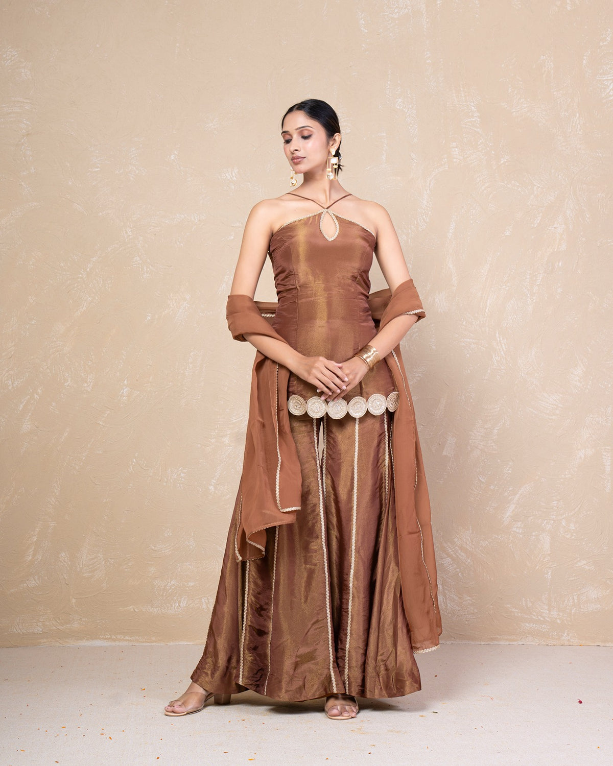 Afreen Brown Cosmo Tissue Sharara Set