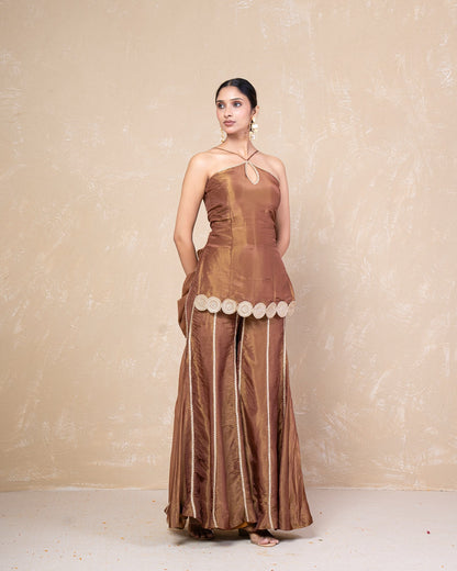 Afreen Brown Cosmo Tissue Sharara Set