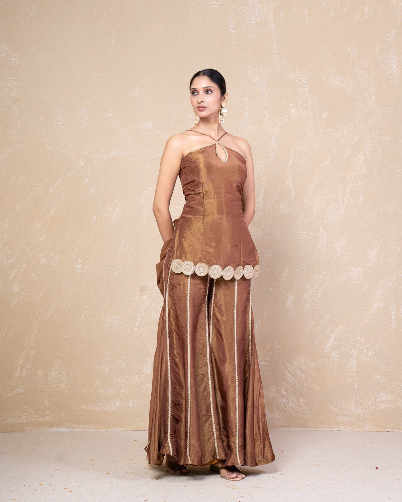 Afreen Brown Cosmo Tissue Sharara Set