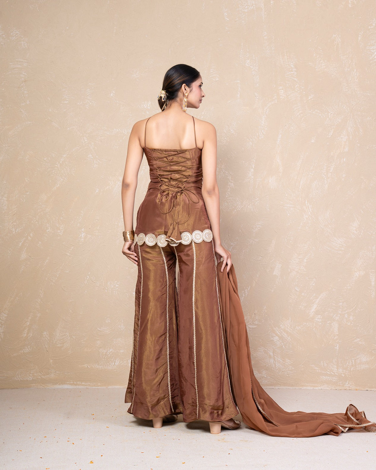 Afreen Brown Cosmo Tissue Sharara Set