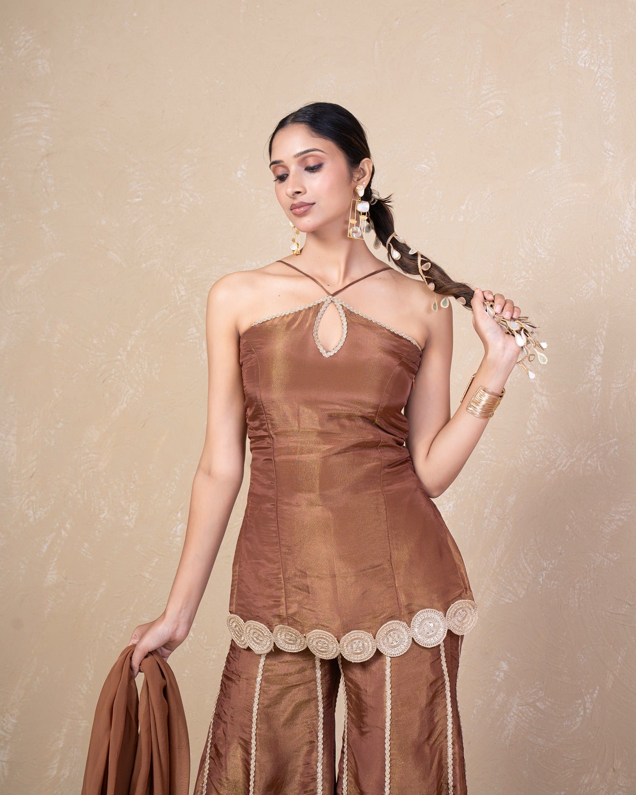 Afreen Brown Cosmo Tissue Sharara Set
