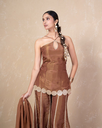 Afreen Brown Cosmo Tissue Sharara Set